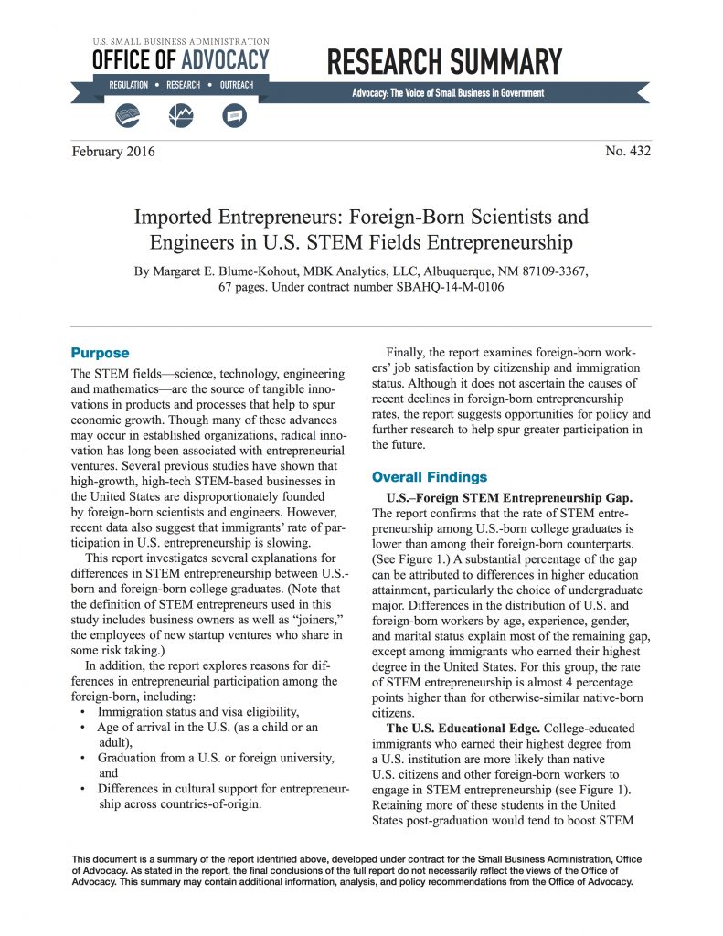 Imported Entrepreneurs: Foreign-Born Scientists and Engineers in U.S. STEM Fields Entrepreneurship
