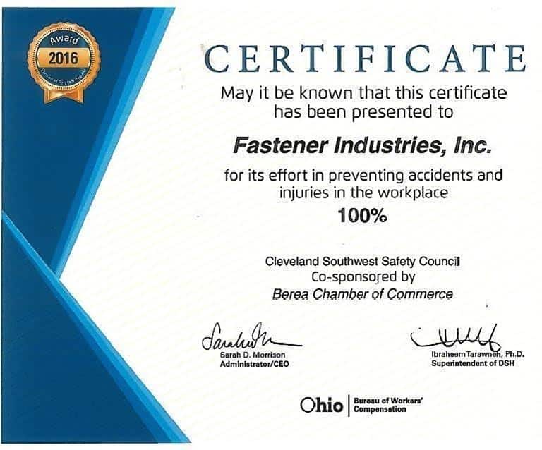 Buckeye Fasteners Earns Recognition from Cleveland Southwest Safety Council